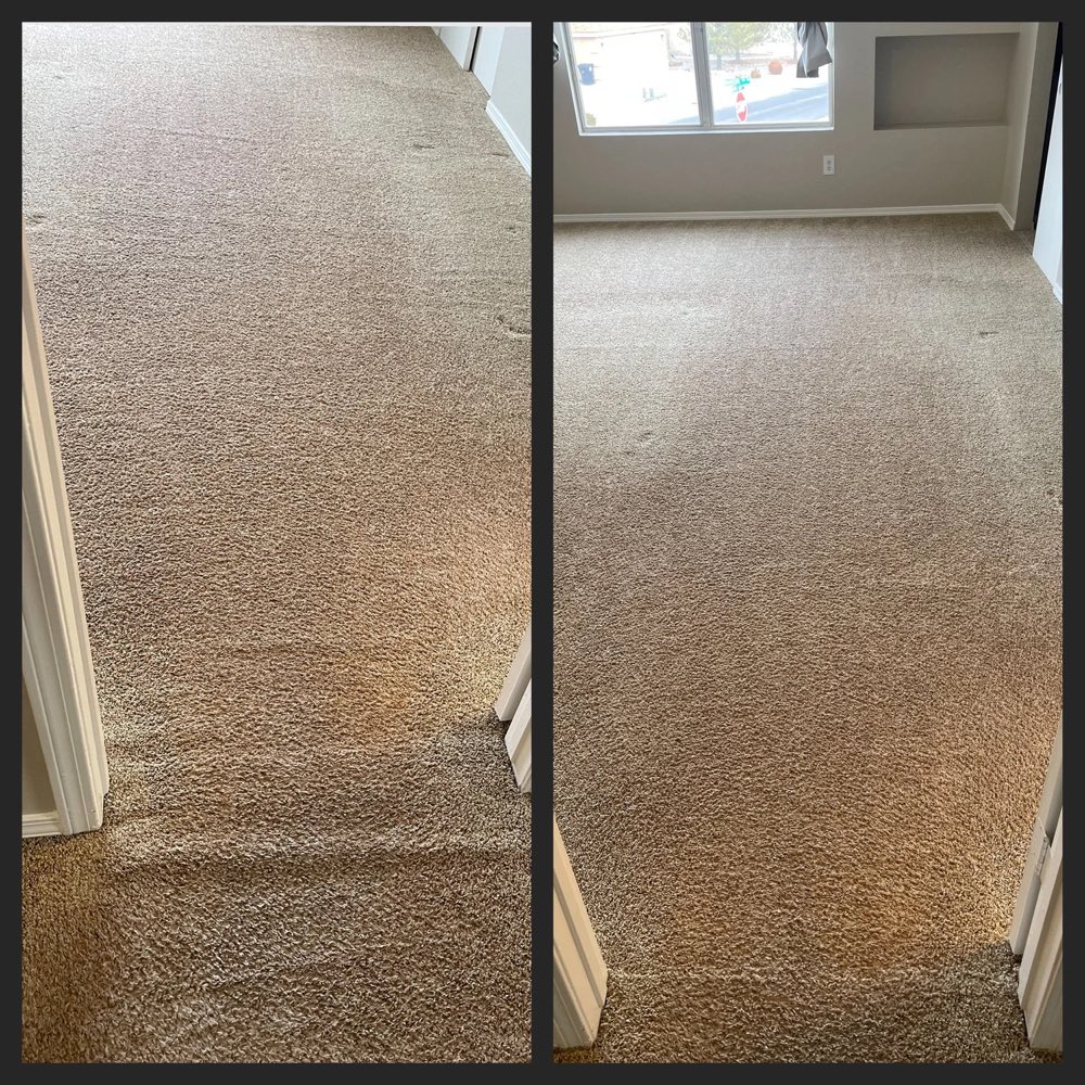 Before and after of a carpeted room, traffic lanes removed