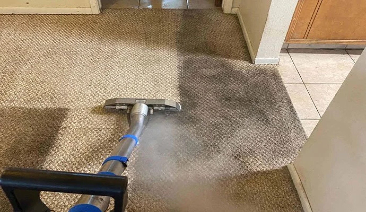 Truck-mounted cleaning wand mid-stroke, dirty carpet on one side and clean on the other